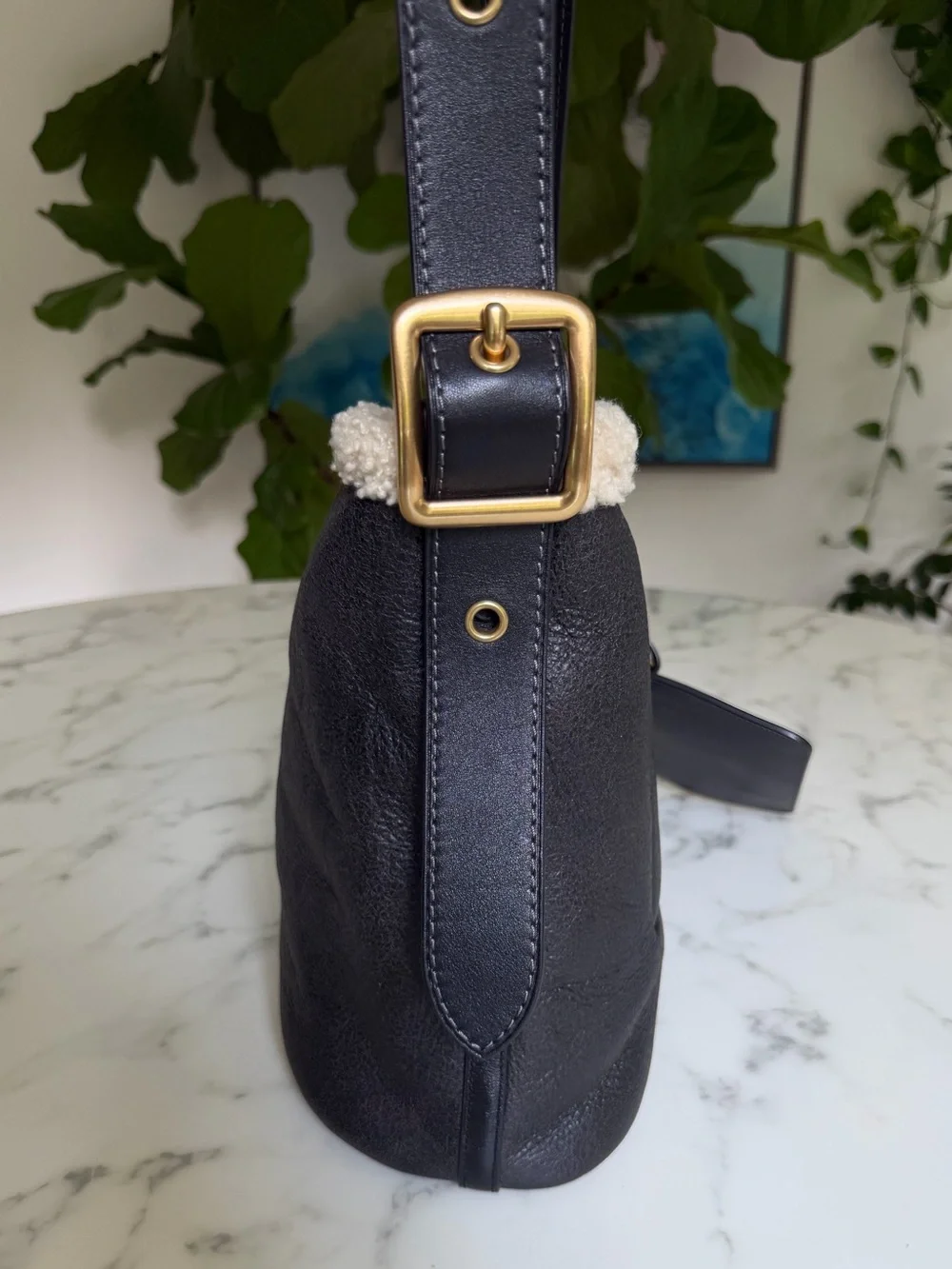 Coach Bleecker Bucket Bag In Shearling Brass Black Natural Leather CCC28